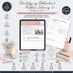 May include: Identifying Obstacles & Problem Solving sheets featuring editable templates in Canva. Includes a digital tablet display, a printed worksheet, a pen holder with pens, a notebook, a candle, and baby's breath flowers on a desk.