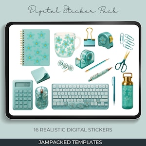 May include: A set of 16 digital stickers featuring various office supplies in a teal and blue color scheme. The stickers include a notebook, mug, tape dispenser, pencil, scissors, paper clips, a calculator, a mouse, a keyboard, a water bottle, and a measuring tape. The stickers are perfect for adding a touch of personality to your digital planner or notes.