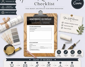 May include: A home renovation checklist template on a wooden clipboard, accompanied by a rolled blueprint, paint swatches, a tape measure, a paint roller, a screwdriver, and a note card. The design includes text labels for editing, printing, and downloading.