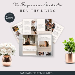 May include: A spiral-bound book titled "The Beginners Guide to Healthy Living" is open to display interior pages with images and text. The book is surrounded by other open pages, a vase of white flowers, and a potted plant. The words "EDIT IN Canva" are in a circle.