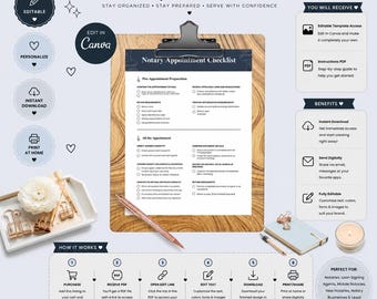 May include: A digital Notary Checklist template displayed on a wooden clipboard with a rose gold pen. The document includes sections for pre-appointment preparation and appointment tasks. The layout features icons, text boxes, and instructions for editing in Canva, alongside a tray of gold binder clips and a small candle.