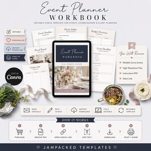 May include: An Event Planner Workbook digital template set featuring a tablet displaying a cover page with floral imagery, surrounded by various planning sheets like timelines, budgets, and checklists, with icons for editing and printing instructions.