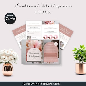 Puede incluir: Un ebook abierto titulado "Emotional Intelligence" con un diseño floral, mostrado con varias páginas abiertas y una encuadernación en espiral. La portada y las páginas presentan tonos rosa pálido y blanco. Las palabras "EDIT IN Canva" están en la esquina superior izquierda.