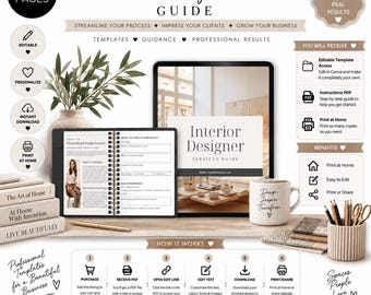 May include: An interior design services guide template set featuring 39 pages, editable in Canva. Includes a digital tablet displaying the guide, a printed planner, a white mug with text, a pencil holder, and instructional text detailing the process.