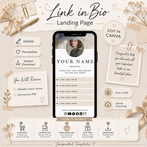 May include: A digital Link in Bio landing page template displayed on a smartphone screen, featuring a circular profile photo, customizable text fields, and social media icons. The design includes beige paper accents, a gold pen, and ribbons.
