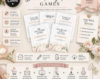 May include: A digital template set for dinner party table games featuring floral accents and text including Dinner Party Table Games, Pass the Question, Bingo, Would You Rather, The One-Word Story, and Two Truths and a Tall Tale with instructions.