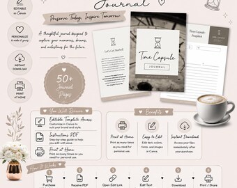 May include: A digital Time Capsule Journal template set featuring editable Canva pages, instructions, and a snapshot layout. The design includes a beige color palette, hourglass icons, and text detailing features like instant download, print at home, and customization options for personal use.