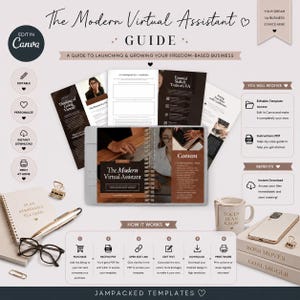 Modern Virtual Assistant Guide | 17-Page EDITABLE Canva Template + PDF | VA Startup Workbook | Beginner Freelance Business Planner