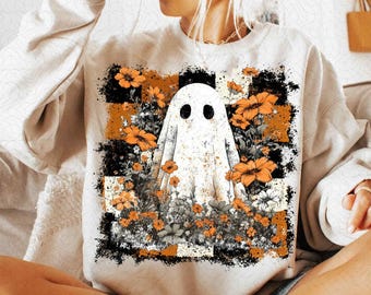Fantasma floral vintage PNG para Halloween, calabaza bohemia de otoño PNG, vibraciones otoñales, sublimación de temporada espeluznante PNG, PNG de tendencia, calabaza femenina PNG