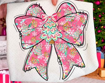 Floral Christmas Tree Bow Png, Preppy Pink Christmas Coquette Png, Colorful Brushstroke Christmas Girly Png, Merry Christmas Shirt Design