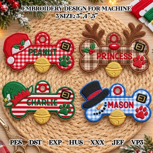 Op de afbeelding: Vier botvormige borduurontwerpen voor machines met kerstthema's. Elk bevat een naam: PEANUT, PRINCESS, CHARLIE of MASON, een gouden bel, een ophanggat en feestelijke iconen zoals een kerstmuts, rendiergewei, elfenmuts of sneeuwpop.