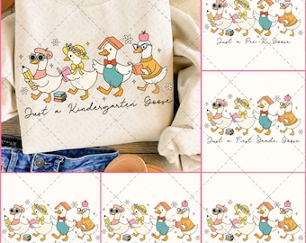 Paquete PNG de ganso de regreso a clases, diseño de camiseta para el primer día de clases de maestra coqueta, sublimación floral preppy, preescolar, 1.º, 2.º, 3.º y 4.º grado