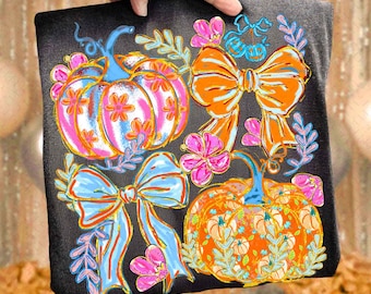 Colorful floral pumpkin bow png, Coquette Pumpkin PNG, Autumn PNG, Faux Glitter Png, brushstroke pumpkin, Girly Png, Trendy thanksgiving png