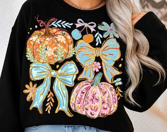 Colorful floral pumpkin bow png, Coquette Pumpkin PNG, Autumn PNG, Faux Glitter Png, brushstroke pumpkin, Girly Png, Trendy thanksgiving png
