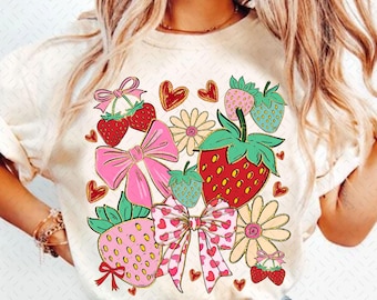Boho Strawberry Coquette png, preppy aardbeien png, aardbeifestival png, zomeraardbei png, bloemenaardbei png, boho zomer png