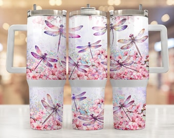 Floral Dragonfly 40Oz Tumbler Wrap, Sublimation Design Templates, 40Oz Png Digital Download. Clip Art Download, 40Oz Tumbler With Handle