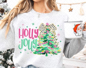 Colorful Glitter Holly Jolly Png, Christmas Png, Glitter Coquette Christmas Tree Png, Christmas Png, Christmas Coquette Png, Brushstroke