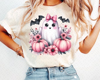 Pink Halloween PNG, Spooky Ghost, Autumn sublimation design, Fall PNG, Pumpkins, leaves PNG, Watercolor Sublimation, Coquette Pink Ghouls