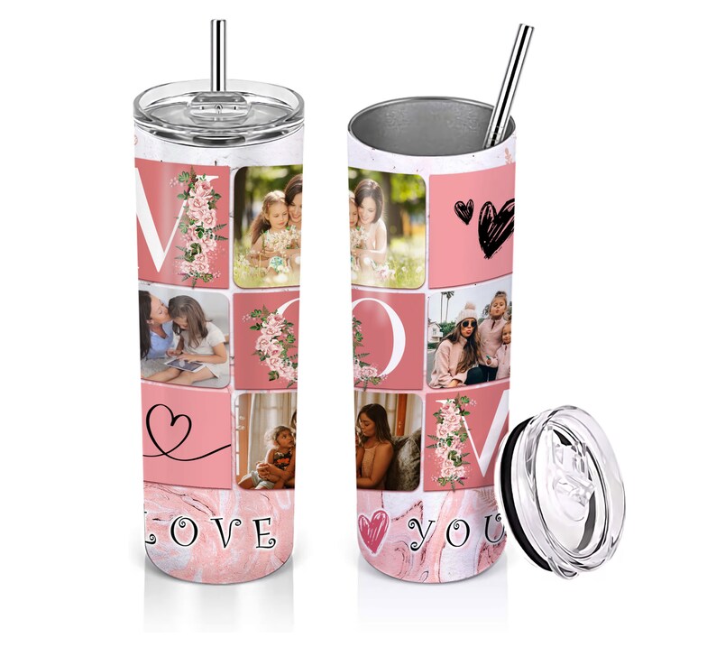 May include: A pink and white stainless steel tumbler with a lid and straw. The tumbler has a collage of photos of a mother and her children, with the word "MOM" in the center and the words "LOVE YOU" at the bottom.