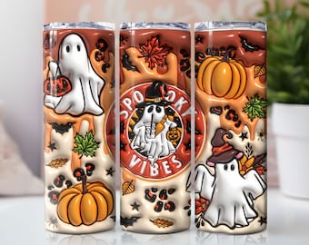 3D Orange Spooky Vibes gonfiato Tumbler Wrap, Puff Halloween Ghost PNG, 20oz Tumbler Sublimation Design, Download digitale istantaneo