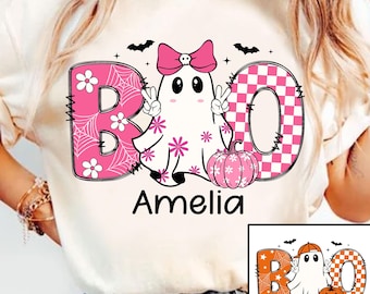 Personalized Halloween Kids Name Png, Retro Boy Girl Boo png, Ballcap, Coquette Bow, Halloween Boy/ Girl, Hand Drawn, Spooky Season Png