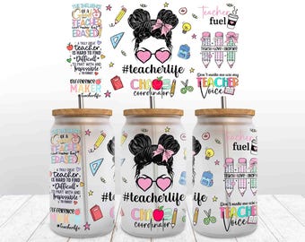 Teacher Fuel 16oz Libbey Glass Can Wrap Design, Teach Love Inspire, Teacher Appreciation Tumbler, Messy Bun Teacher Life 16oz Glass Can Wrap