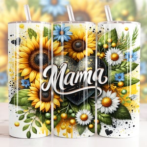 Sunflowers Mama Tumbler Wrap 20 oz Skinny Tumbler PNG Mama Sublimation Design Glitter Leopard Mom Life Seamless Mother&#39;s Day Tumbler Wrap