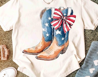 Patriotic Coquette Cowgirl Boots Png, Preppy 4th of July Western Png, American Flag Bow Shirt Design, Red White Blue USA Sublimation