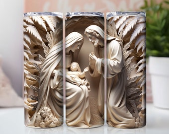 3D Nativity Scene Mary Joseph Jesus, 20 oz Skinny Tumbler Sublimation Design, Instant Digital Download PNG, Straight Tumbler Wrap, 300 dpi