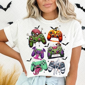 Retro Halloween Gaming Controller Shirt Png Skeleton Zombie Halloween Sublimation Design Halloween Shirt For Kid Png Video Game PNg