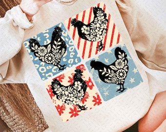 Patriottische bloemen kip PNG, boerderij 4 juli shirtontwerp, Amerika sublimatie png, digitale download Memorial Day, Girly USA png