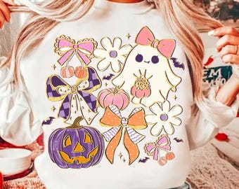 Coquette Halloween Ghost Png, Boho Halloween Png, Girly Pumpkin Bow Sublimation, Floral Spooky Season Png, Retro Halloween Sublimation