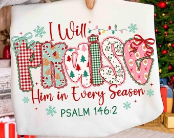 I Will Praise Him In Season PNG, Coquette Christian Christmas Png, Preppy Bow Retro Christmas Tree Design, Hand Drawn Gingham Tartan Doodle