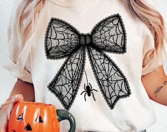 Spiderweb Lace Bow PNG, Gothic Halloween png, Spooky Coquette Black Bow Clipart with Spider, halloween png, lacey pumpkin png, spooky season