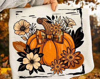 Floral Fall Pumpkin Png, Boho Pumpkin Coquette Png, Vintage Autumn Shirt Design, Retro Halloween Flowers Png, Pumpkin Spice Sublimation