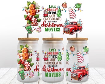 Christmas 16oz glass can sublimation design Lets bake stuff drink hot cocoa and watch Christmas movies Glass can wrap PNG wrap download