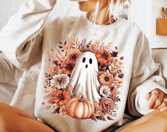 Retro Spooky Ghost Png, Vintage Floral Cute Ghost Halloween PNG, Autumn Sublimation Design, Fall PNG, Pumpkin, Autumn Digital Download