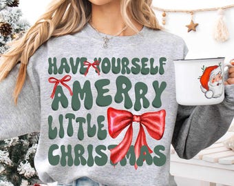 Merry Little Christmas PNG Digital Design, coquette christmas png, christmas bows png, girly christmas designs, traditional christmas design