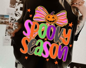 Stagione spettrale di Halloween Coquette PNG, Fiocco di zucca preppy PNG, Sublimazione di Halloween al neon, Design per maglietta con fiocco di Halloween al neon, Vibrazioni da strega PNG