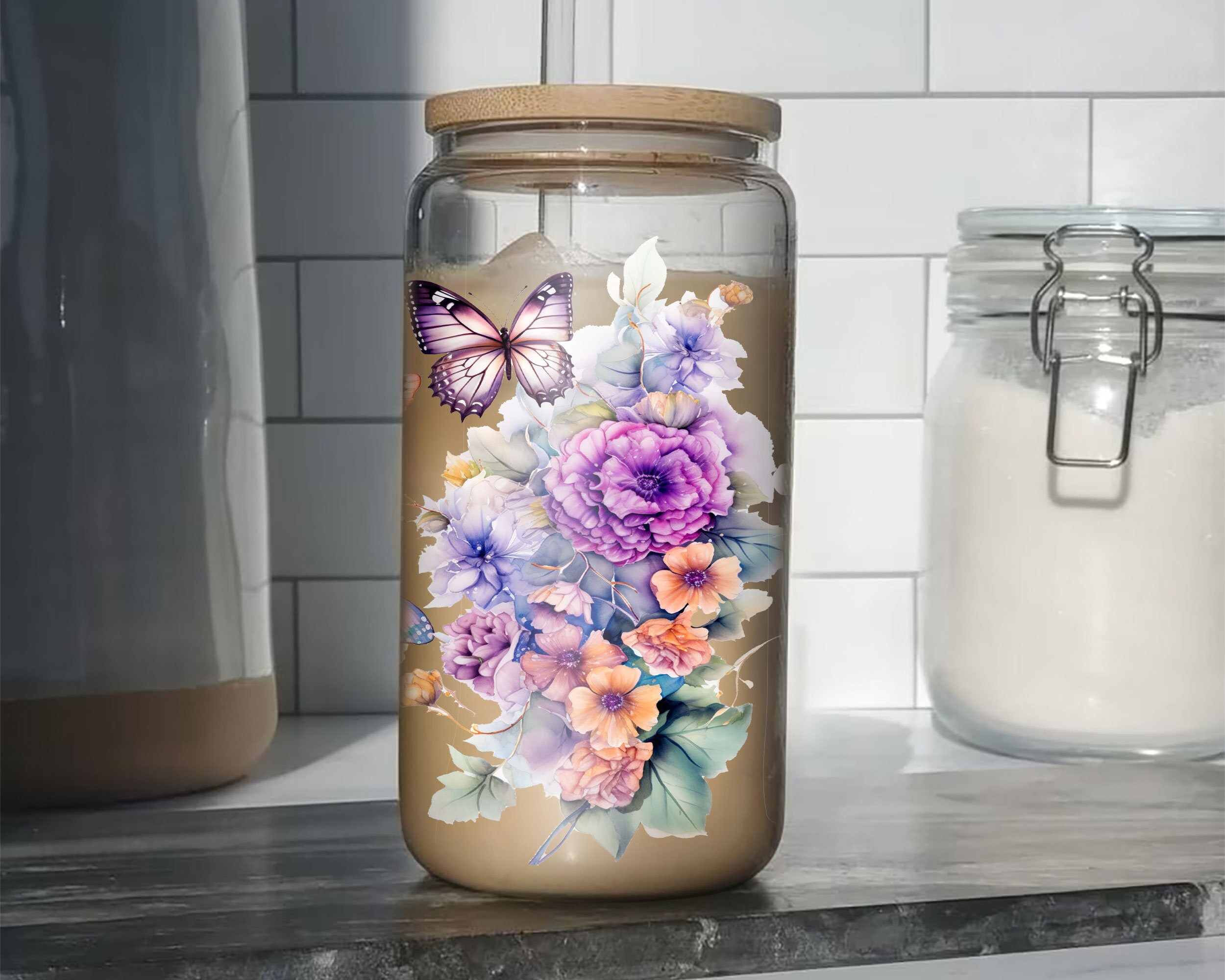 Floral Butterfly 16 Oz Libbey Glass Can Tumbler Design, Floral ...