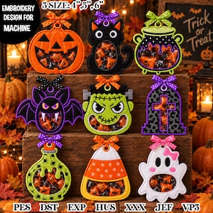 Könnte beinhalten: Neun Halloween-Stickmotive für Maschinen, darunter ein Kürbis, eine schwarze Katze, ein Kessel, eine Fledermaus, Frankenstein, ein Grabstein, ein Zaubertrankfläschchen, ein Zuckermais und ein Geist, jeweils mit sternförmigen Bonbons gefüllt.