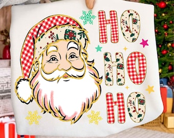 Ho Ho Ho Santa Christmas Png, Red Plaid Christmas Png, Merry Christmas Shirt Design, Preppy Floral Christmas Png, Retro Checkered Xmas Png