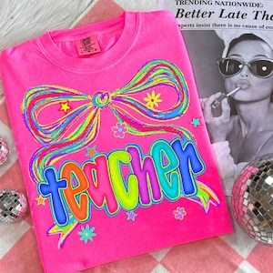Teacher Png, Preppy Teacher Png, Neon Teacher Bow Png, Back to School Png, Teacher Coquette Bow Design, Teach Png, First Day of School Png