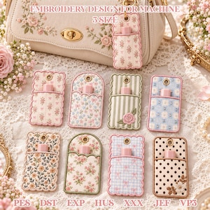 May include: Eight rectangular embroidered fabric lipstick holders with metal eyelets, featuring various floral, striped, checkered, and polka dot patterns in pastel colors. Each holder contains a small pink lipstick tube. Text reads EMBROIDERY DESIGN FOR MACHINE 3 SIZE, PES, DST, EXP, HUS, XXX, JEF, VP3.