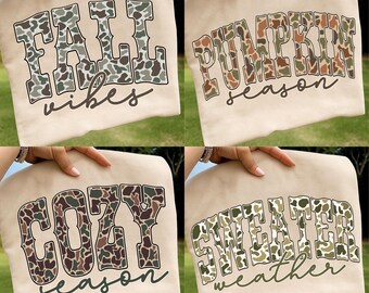 May include: Four beige sweatshirts with fall-themed text. The first says "FALL vibes" in a camouflage pattern. The second says "PUMPKIN season". The third says "COZY season". The fourth says "SWEATER weather".