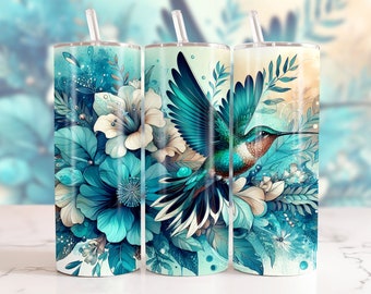 Blue Hummingbird Tumbler Wrap, 20 oz Skinny Sublimation Tumbler Design, Floral Bird Sublimation Design, Watercolor Animal Tumbler Downloads