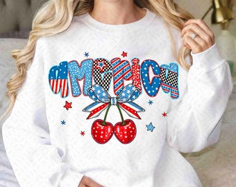 Preppy America Cherries PNG, July 4th PNG, 4th of july Woman png, Cherry Bow Png, Retro Usa Flag png, America Preppy Design png