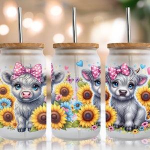 Baby Highland Cow Libbey Glass Wrap, Sunflowers Tumbler Sublimation Design PNG, Floral 16 Oz Glass Can Wrap PNG, Digital Download