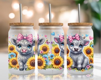 Baby Highland Cow Libbey Glass Wrap, Sunflowers Tumbler Sublimation Design PNG, Floral 16 Oz Glass Can Wrap PNG, Digital Download