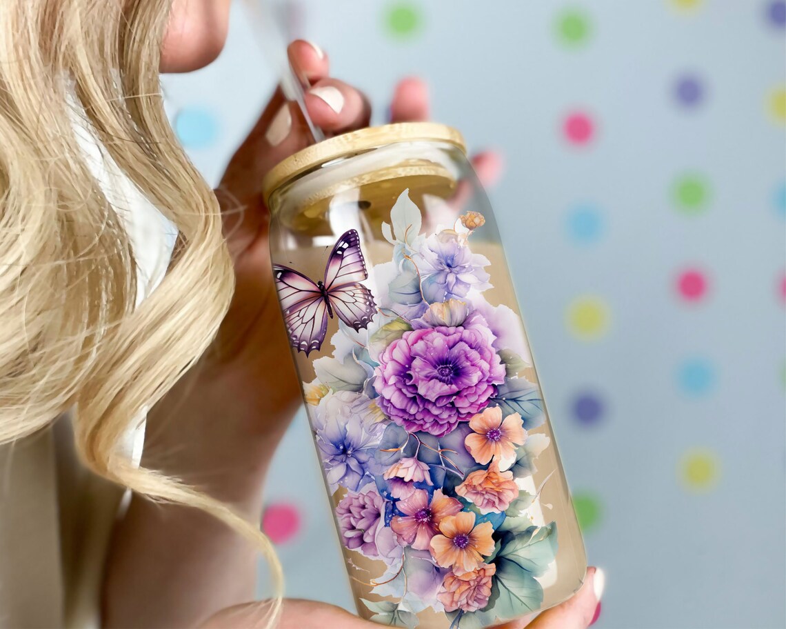 Floral Butterfly 16 Oz Libbey Glass Can Tumbler Design, Floral ...